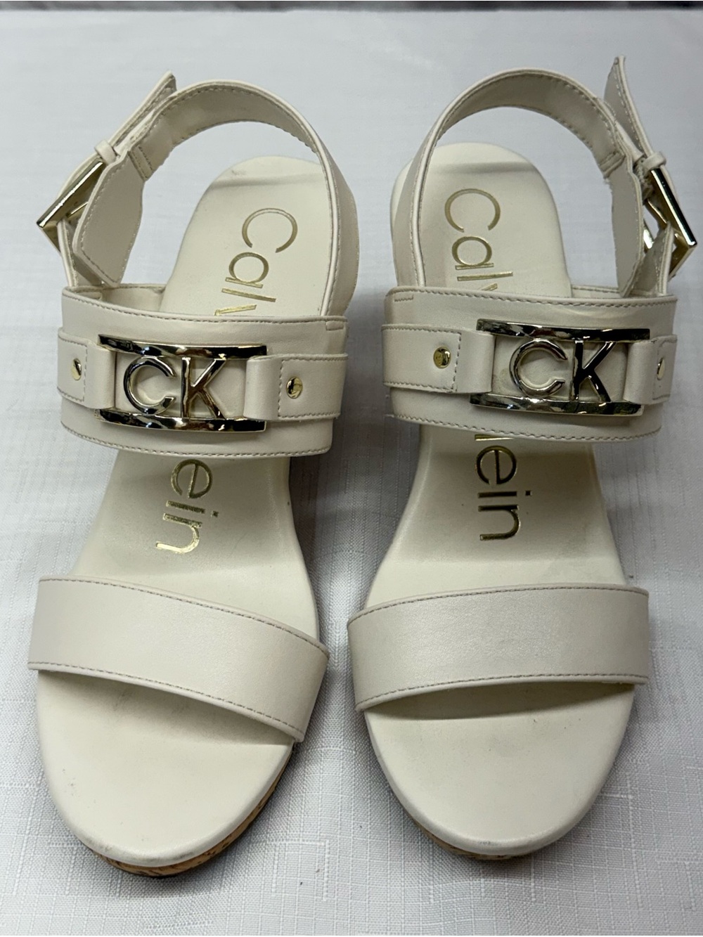 Calvin Klein white Leather Logo Ankle-Strap Sandals 6.5
